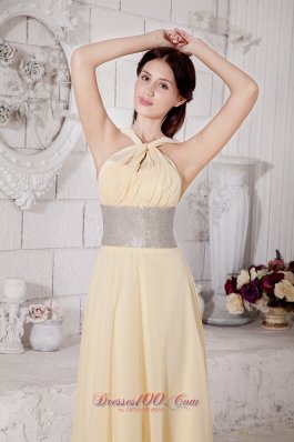 Silver Belt Light Yellow Straps Prom Evening Dress