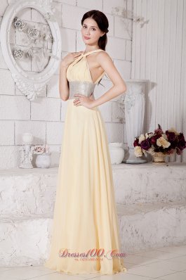 Silver Belt Light Yellow Straps Prom Evening Dress