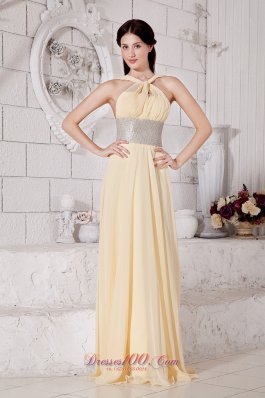 Silver Belt Light Yellow Straps Prom Evening Dress