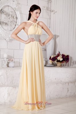 Silver Belt Light Yellow Straps Prom Evening Dress