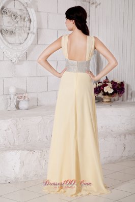 Silver Belt Light Yellow Straps Prom Evening Dress