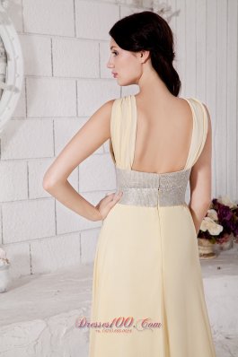 Silver Belt Light Yellow Straps Prom Evening Dress