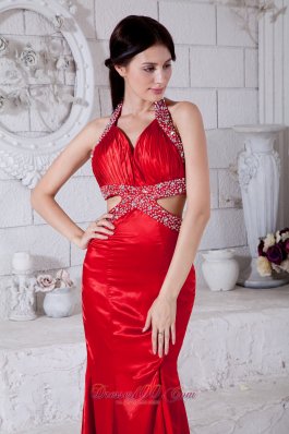 Red Mermaid Halter Taffeta Beading 17 Prom Dress