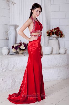 Red Mermaid Halter Taffeta Beading 17 Prom Dress