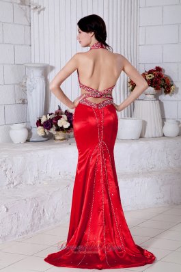 Red Mermaid Halter Taffeta Beading 17 Prom Dress