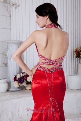 Red Mermaid Halter Taffeta Beading 17 Prom Dress