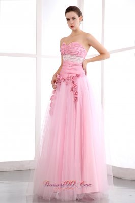 Handmade Flowers Pink Tulle Appliques Prom Dress