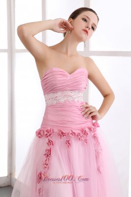 Handmade Flowers Pink Tulle Appliques Prom Dress