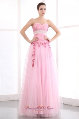 Handmade Flowers Pink Tulle Appliques Prom Dress