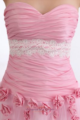 Handmade Flowers Pink Tulle Appliques Prom Dress