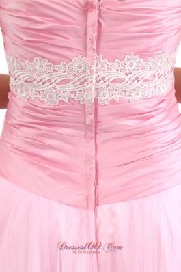 Handmade Flowers Pink Tulle Appliques Prom Dress