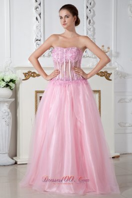 Appliques Pink Prom Dress Strapless Brush Train Tulle