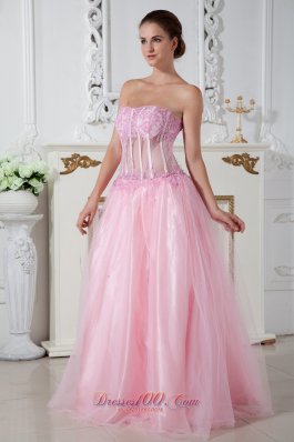 Appliques Pink Prom Dress Strapless Brush Train Tulle