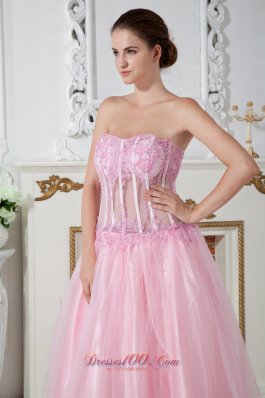 Appliques Pink Prom Dress Strapless Brush Train Tulle