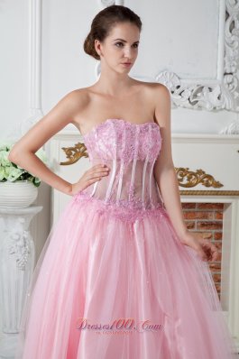 Appliques Pink Prom Dress Strapless Brush Train Tulle