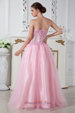 Appliques Pink Prom Dress Strapless Brush Train Tulle