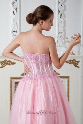 Appliques Pink Prom Dress Strapless Brush Train Tulle