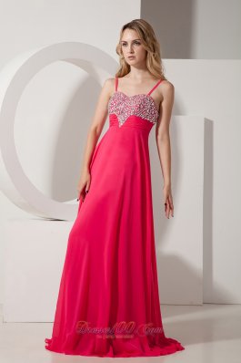 Spaghetti Straps Heavy Beading Chiffon Fuchsia Prom Dress