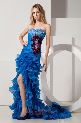 Feather High Low Ruffled Blue Organza Prom Evening Dress