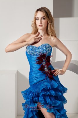 Feather High Low Ruffled Blue Organza Prom Evening Dress