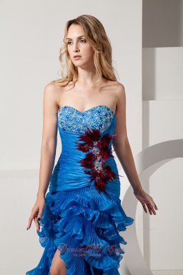 Feather High Low Ruffled Blue Organza Prom Evening Dress