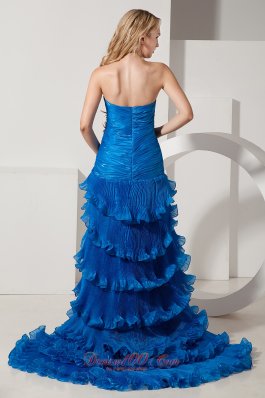 Feather High Low Ruffled Blue Organza Prom Evening Dress