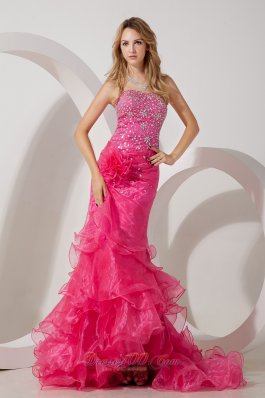 Mermaid Hot Pink Ruffles Organza Beaded Prom Evening Dress