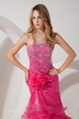 Mermaid Hot Pink Ruffles Organza Beaded Prom Evening Dress