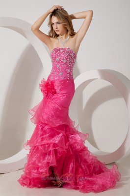 Mermaid Hot Pink Ruffles Organza Beaded Prom Evening Dress