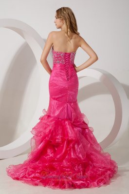 Mermaid Hot Pink Ruffles Organza Beaded Prom Evening Dress