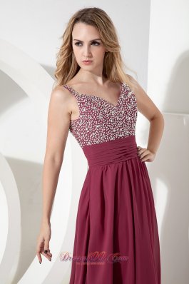 Spaghetti Straps Ankle-length Burgundy Sequined Prom Dress