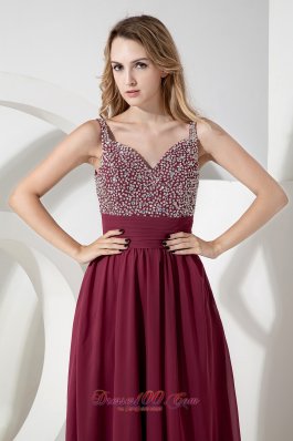 Spaghetti Straps Ankle-length Burgundy Sequined Prom Dress