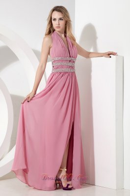 Rose Pink Empire Halter Prom Dress Chiffon Beading