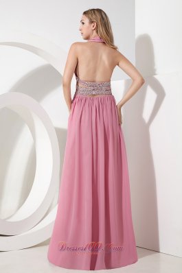 Rose Pink Empire Halter Prom Dress Chiffon Beading