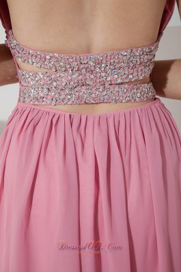 Rose Pink Empire Halter Prom Dress Chiffon Beading