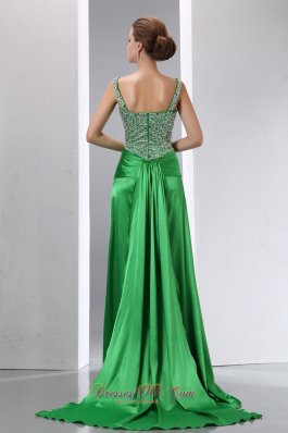 Court Train Green Teenager Prom Evening Dress Beading Ruch