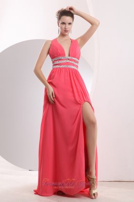 Halter Brush High Split Watermelon Prom Dress