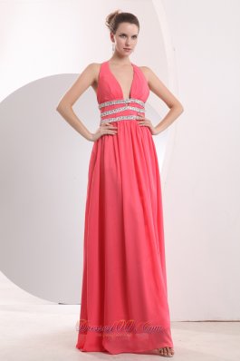 Halter Brush High Split Watermelon Prom Dress