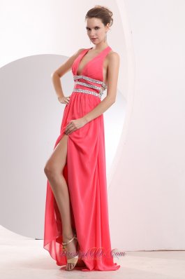 Halter Brush High Split Watermelon Prom Dress