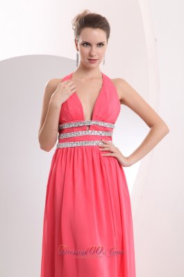 Halter Brush High Split Watermelon Prom Dress