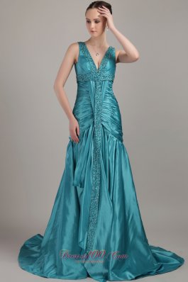 Brush Teal Beading Prom Dress Ruch A-line