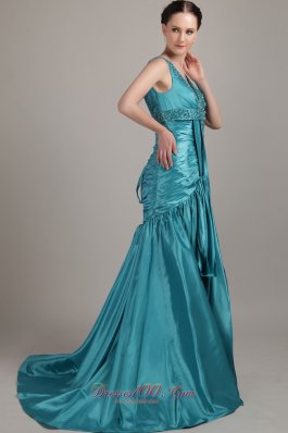 Brush Teal Beading Prom Dress Ruch A-line