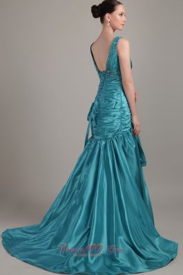 Brush Teal Beading Prom Dress Ruch A-line