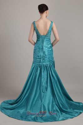 Brush Teal Beading Prom Dress Ruch A-line