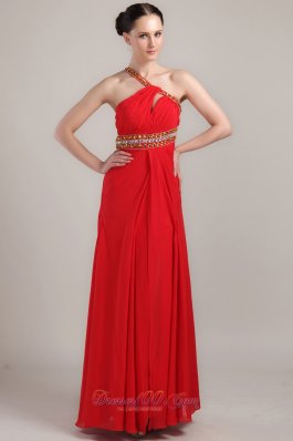 One Shoulder Ankle-length Red Slit Prom Dress