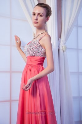 Straps Brush Coral Red Beading Prom Dress