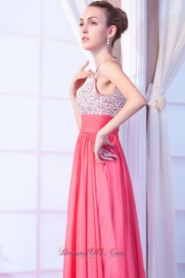 Straps Brush Coral Red Beading Prom Dress