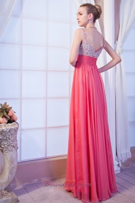 Straps Brush Coral Red Beading Prom Dress