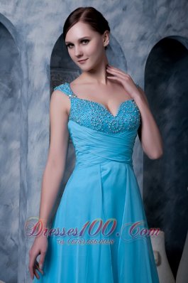 Sweep Train Aqua A-line Prom Dress Straps