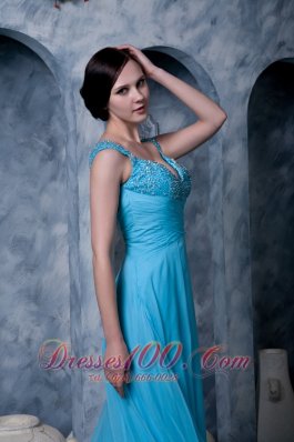 Sweep Train Aqua A-line Prom Dress Straps